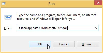 Open the Run window and type up “%localappdata%/Microsoft/Outlook”