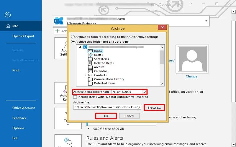 select folder and date range
