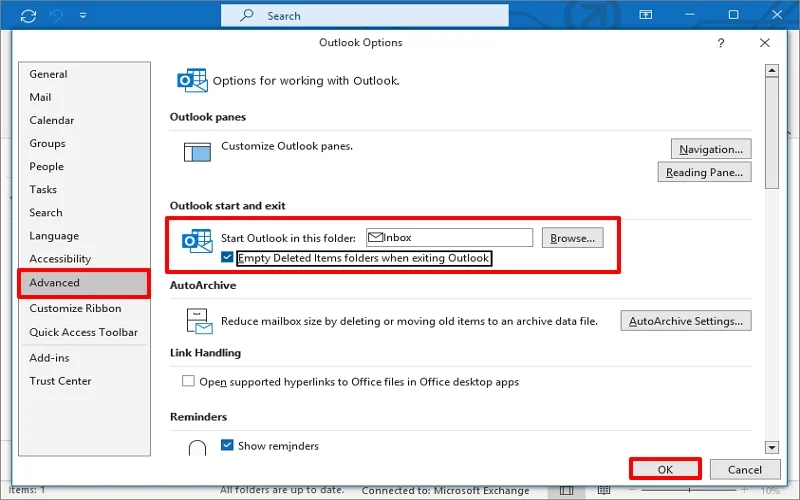 check deleted items folder when exiting outlook
