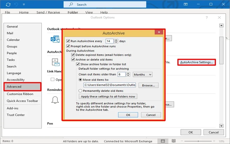 navigate to AutoArchive settings