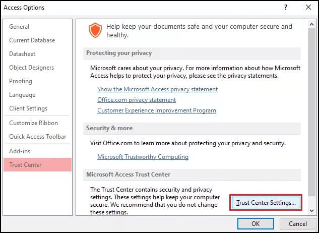Trust Center Settings