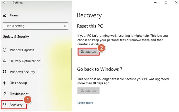 Click on Recovery then click Get Started