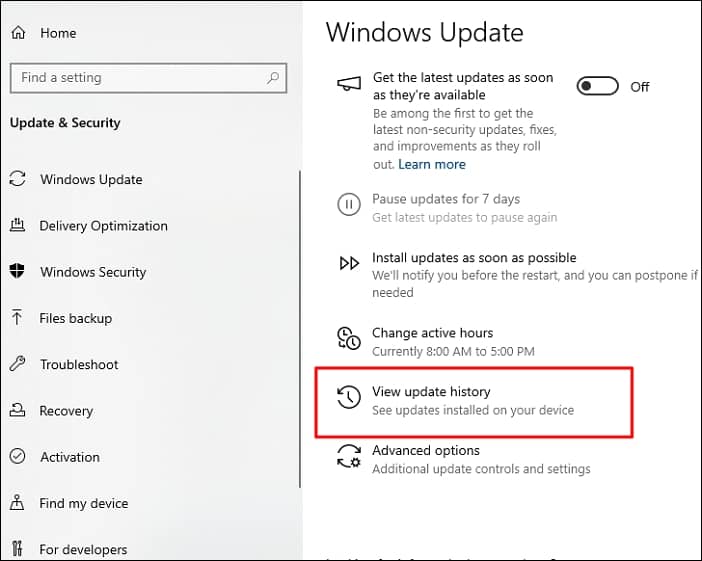 Click on Update and Security and select View update history