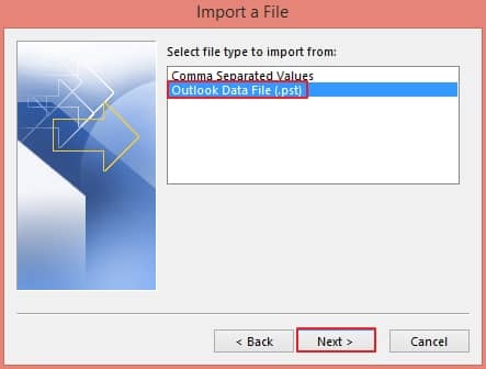 Select Outlook Data File (.pst), then hit Next