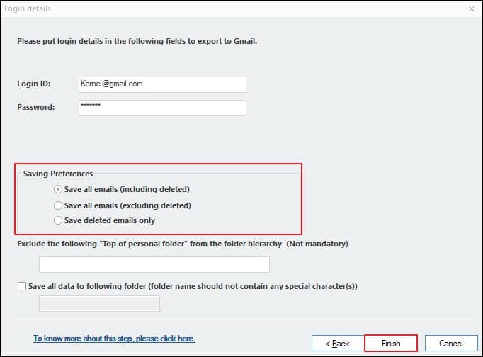Click on Save, choose Gmail as output type, hit next, enter your IMAP account credentials and press Finish