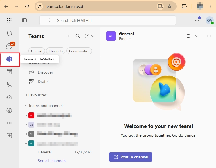 Open ms teams and click on teams