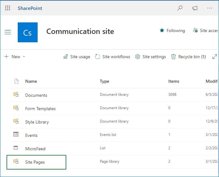 in communication prompt click on site pages