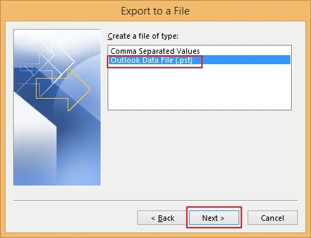 select outlook data file