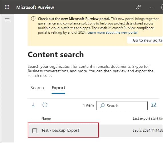 Select the Export tab on the Content search page