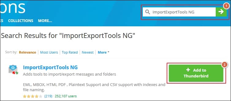 Type ImportExportToolsNG in the search box and proceed to Add to Thunderbird option