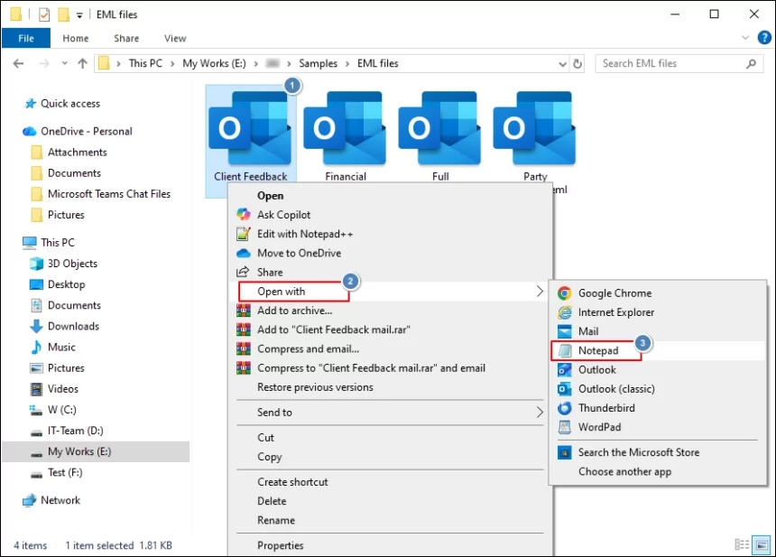Open EML file with notepad
