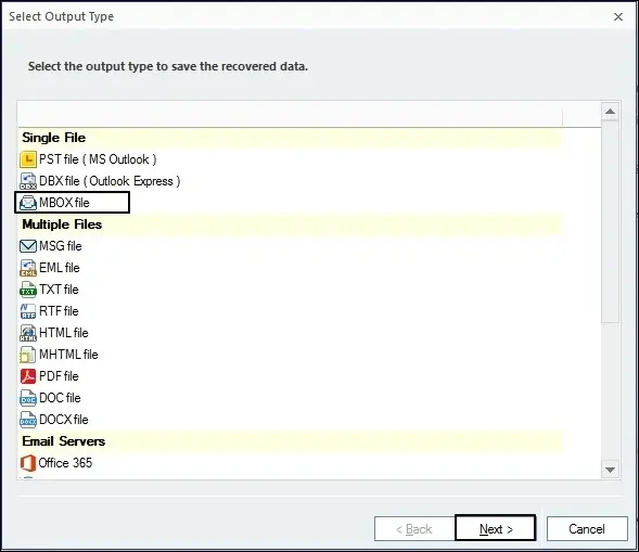select MBOX option