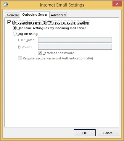 click to outgoing server checkbox