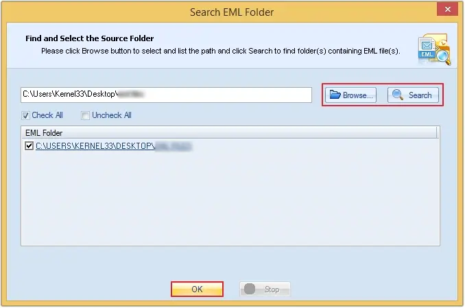 Browse to select EMLX files or search a path, then click ok