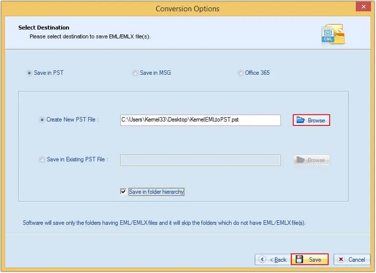 Browse your file then click save in pst and then click save