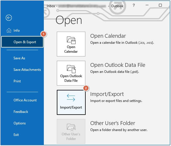 Click import or export in Outlook