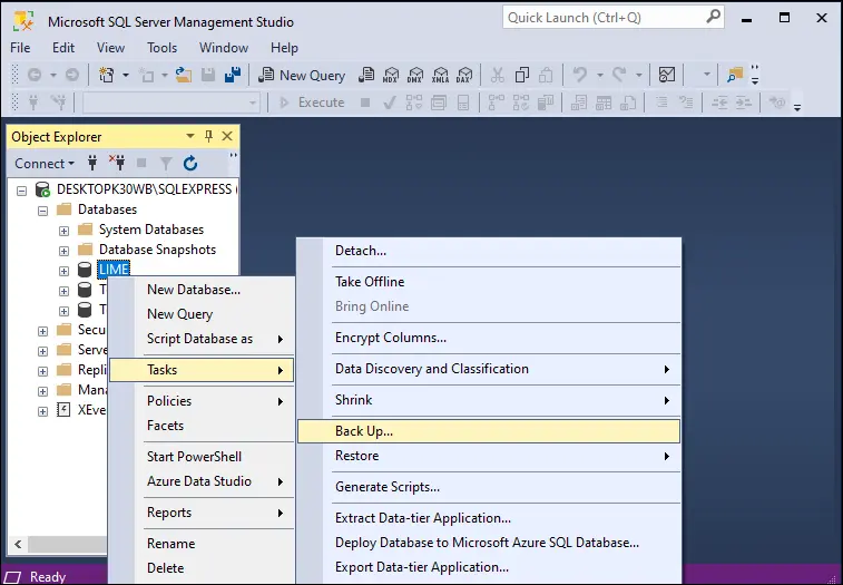 Select the database you want to backup