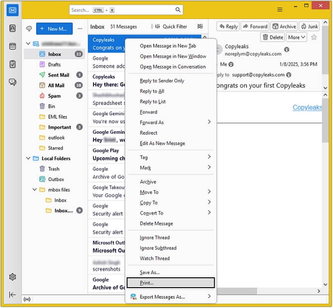 Launch Thunderbird and right-click on the required email.