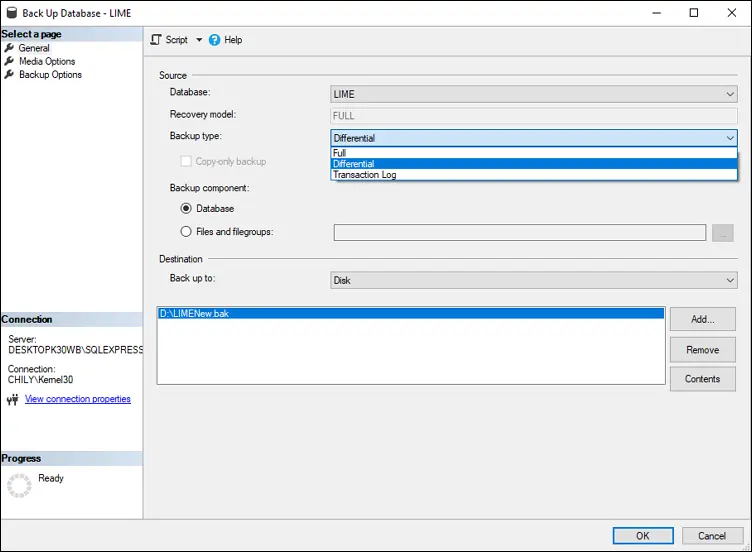  select the Backup type as Differential