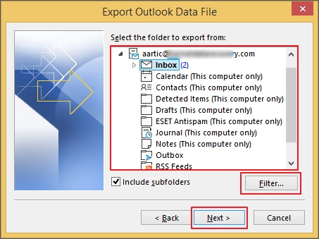 Select the folders to export from window