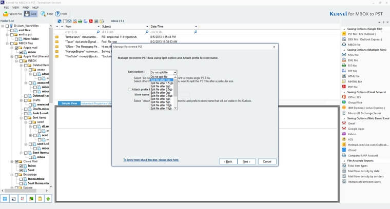 split pst file if you want and click to finish mbox to pst conversion