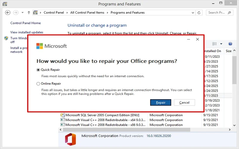 click on repair 