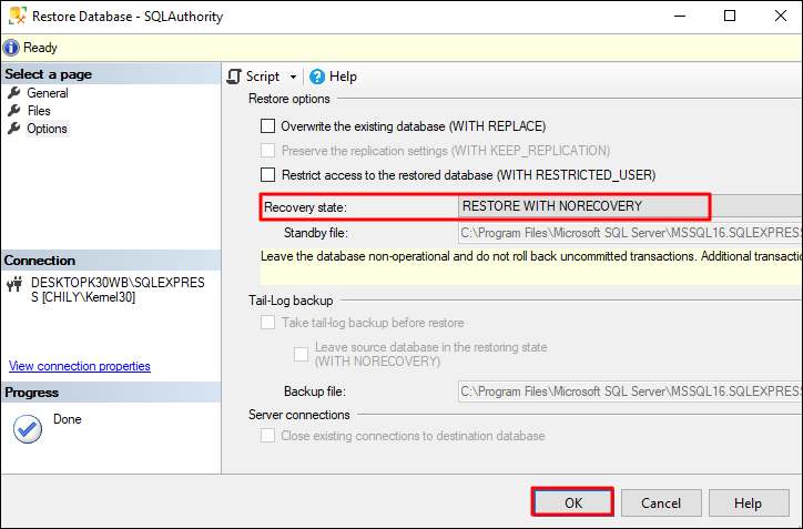RESTORE WITH NORECOVERY