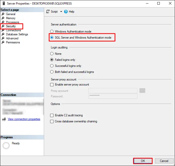 select SQL Server and Windows Authentication