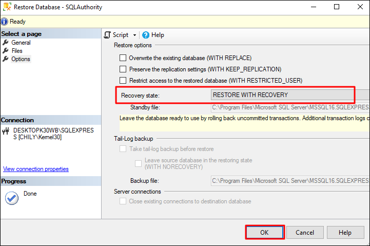 RESTORE WITH RECOVERY option