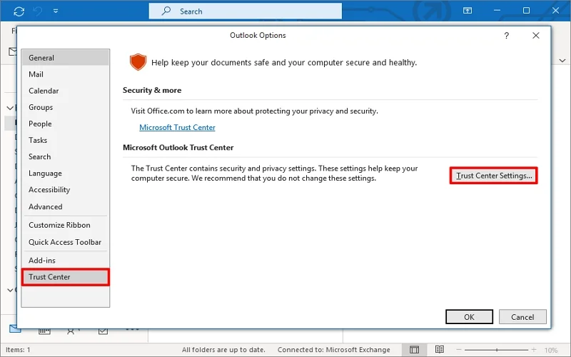click on trust centre setting 