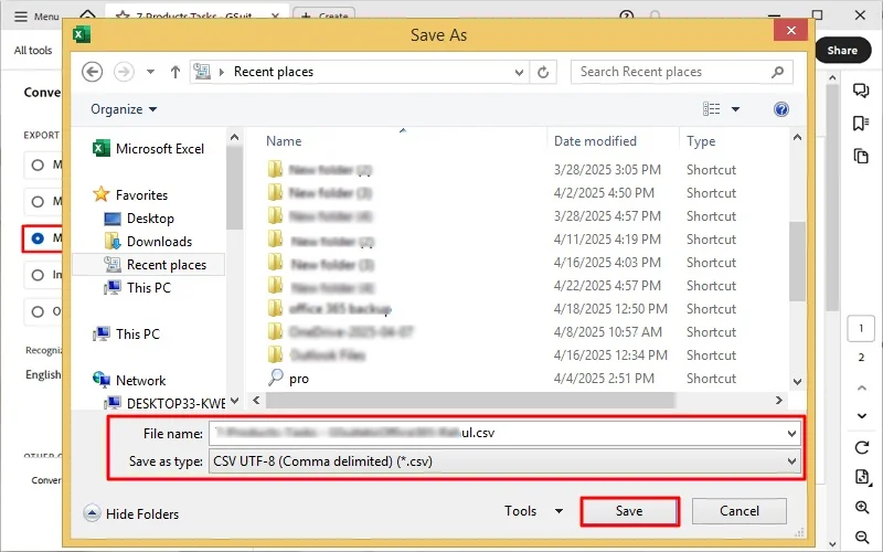save pdf file as csv file