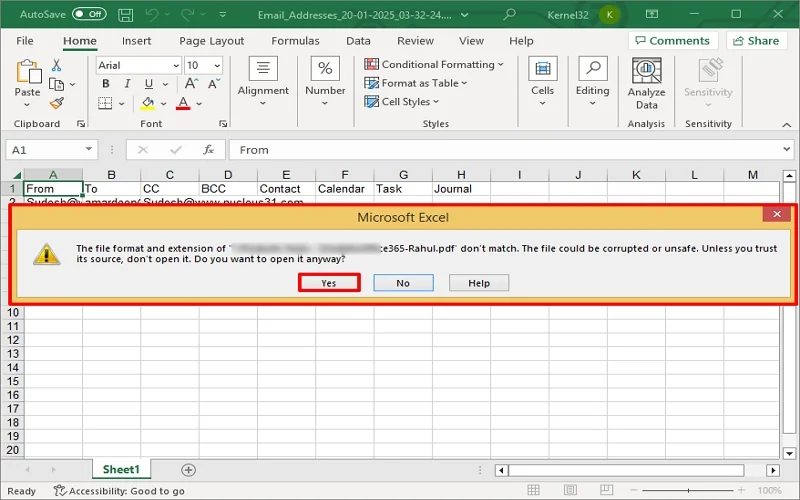 click yes to extract csv file