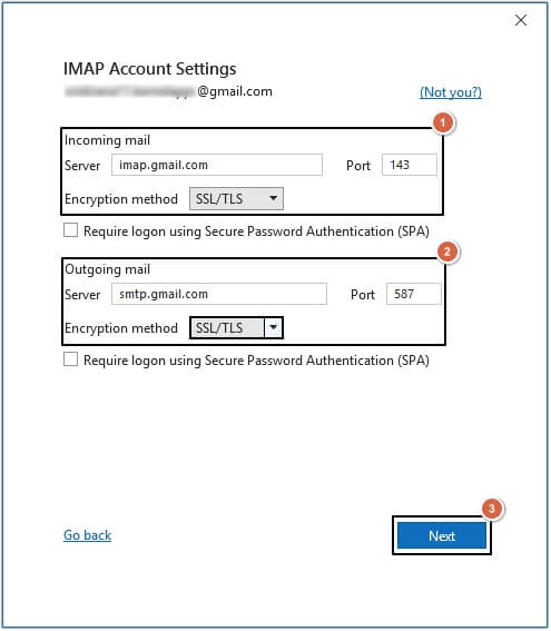 Provide Incoming and Outgoing server details and click Next