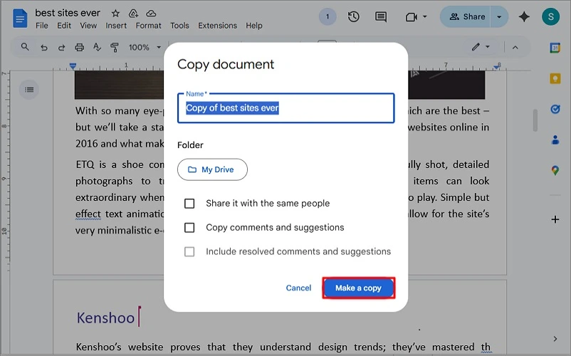 click make a copy