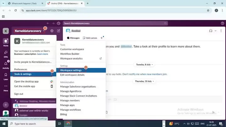 Click on your Workspace Name Tool & Settings Workspace Settings