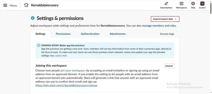 Settings and Permissions wizard select Import Export data tool