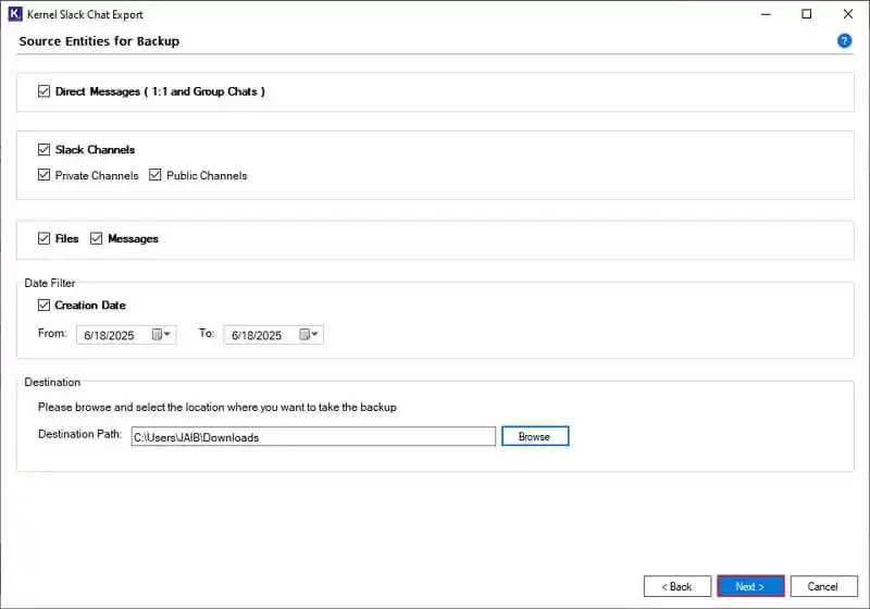 click on Next to save and backup Slack messages