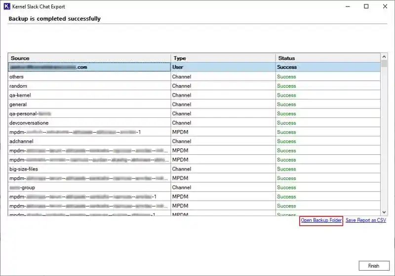 click Open Backup Folder to access backed up Slack data directly