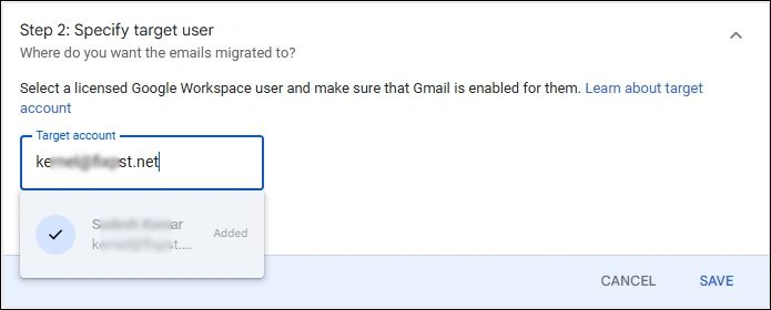 Add the target Google Workspace email address
