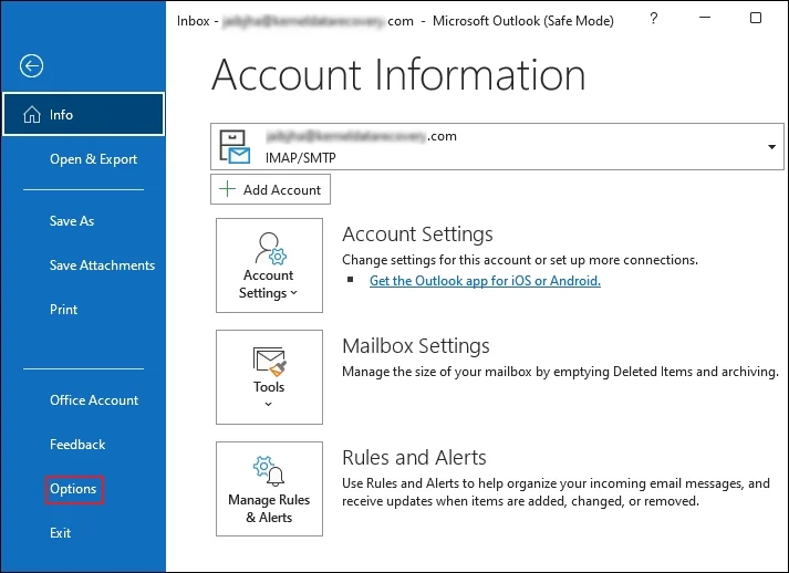 go to file and option