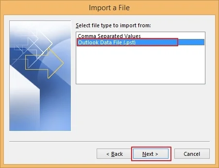 select outlook data file