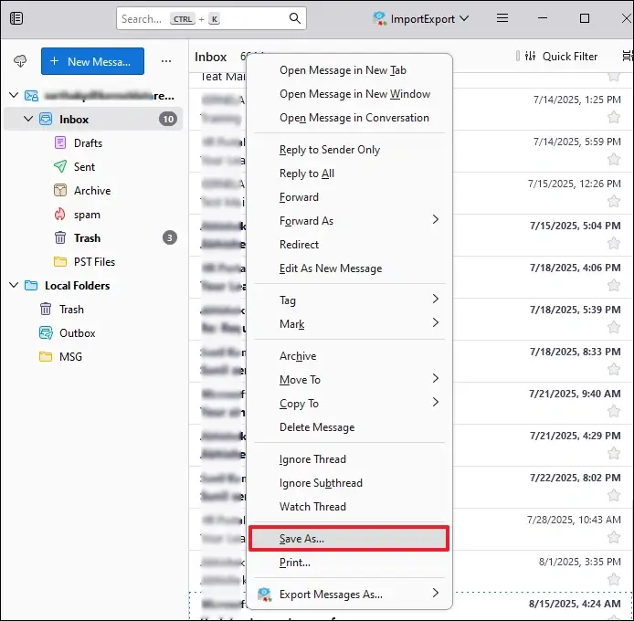 Select the Save As option in Thunderbird.