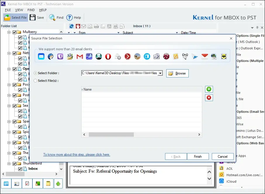 Select an MBOX file individually then click Finish