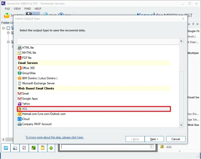 Select AOL format as saving option