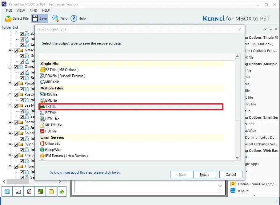 Select TXT option to Convert MBOX file