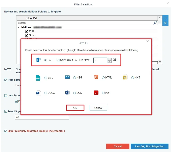 Choose to save option as PST , then Split PST file