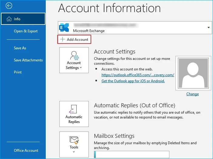Click on Add account button
