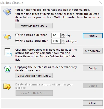 outlook mailbox cleanup 