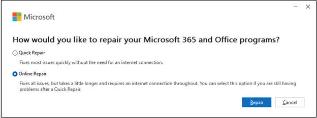 update or repair the office 