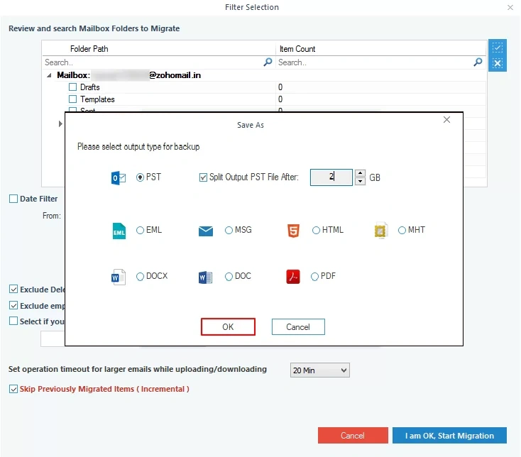 Select the desired mailbox folder to save